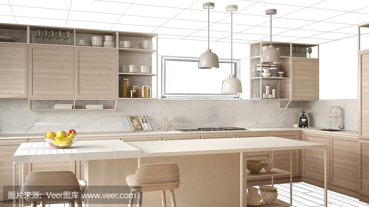 室內設計項目草案,工作在進行中的概念想法,真實的現代白色和木制廚房在草圖的背景,建筑師設計師項目桌面截圖